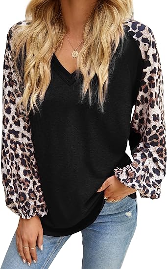 Womens Casual Loose Blouse V Neck Long Balloon Sleeve Bohemian Shirts