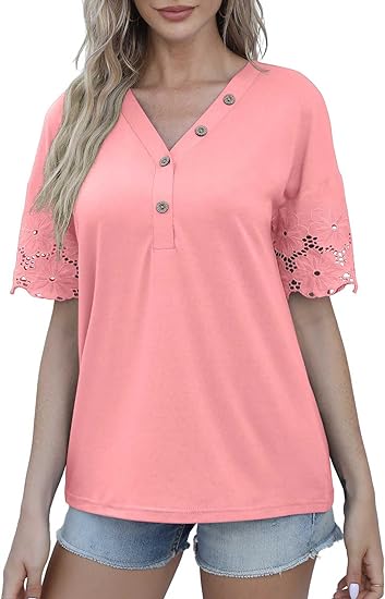 Women Summer Casual Lace V-Neck Loose Shirts Short Sleeve Buttons Top