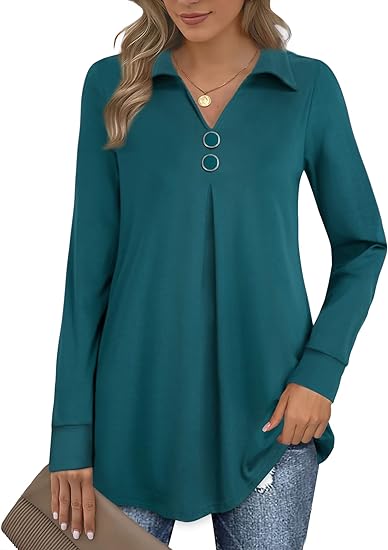 Womens V Neck Long Sleeve Lapel Pullover Tunic Casual Blouse Tops