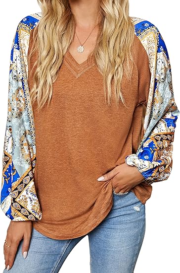 Womens Casual Loose Blouse V Neck Long Balloon Sleeve Bohemian Shirts