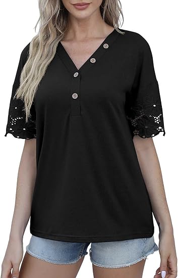 Women Summer Casual Lace V-Neck Loose Shirts Short Sleeve Buttons Top