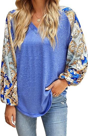 Womens Casual Loose Blouse V Neck Long Balloon Sleeve Bohemian Shirts