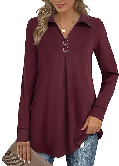 Womens V Neck Long Sleeve Lapel Pullover Tunic Casual Blouse Tops