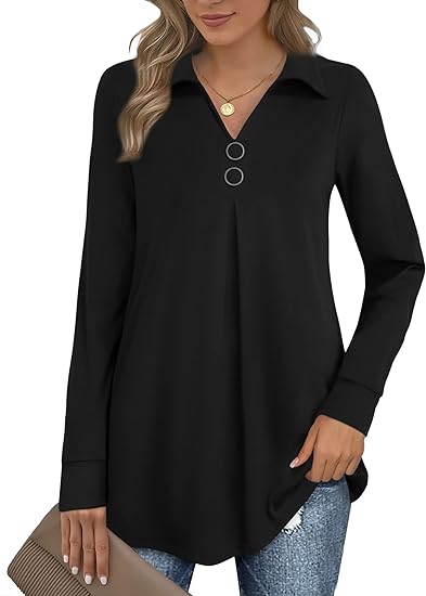 Womens V Neck Long Sleeve Lapel Pullover Tunic Casual Blouse Tops