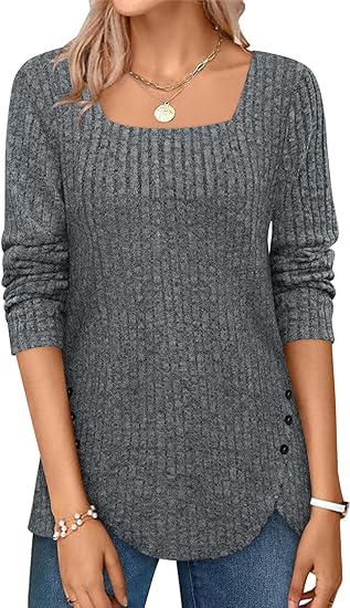 Women Fall Sweaters Lightweight Long Sleeve Square Neck Tops