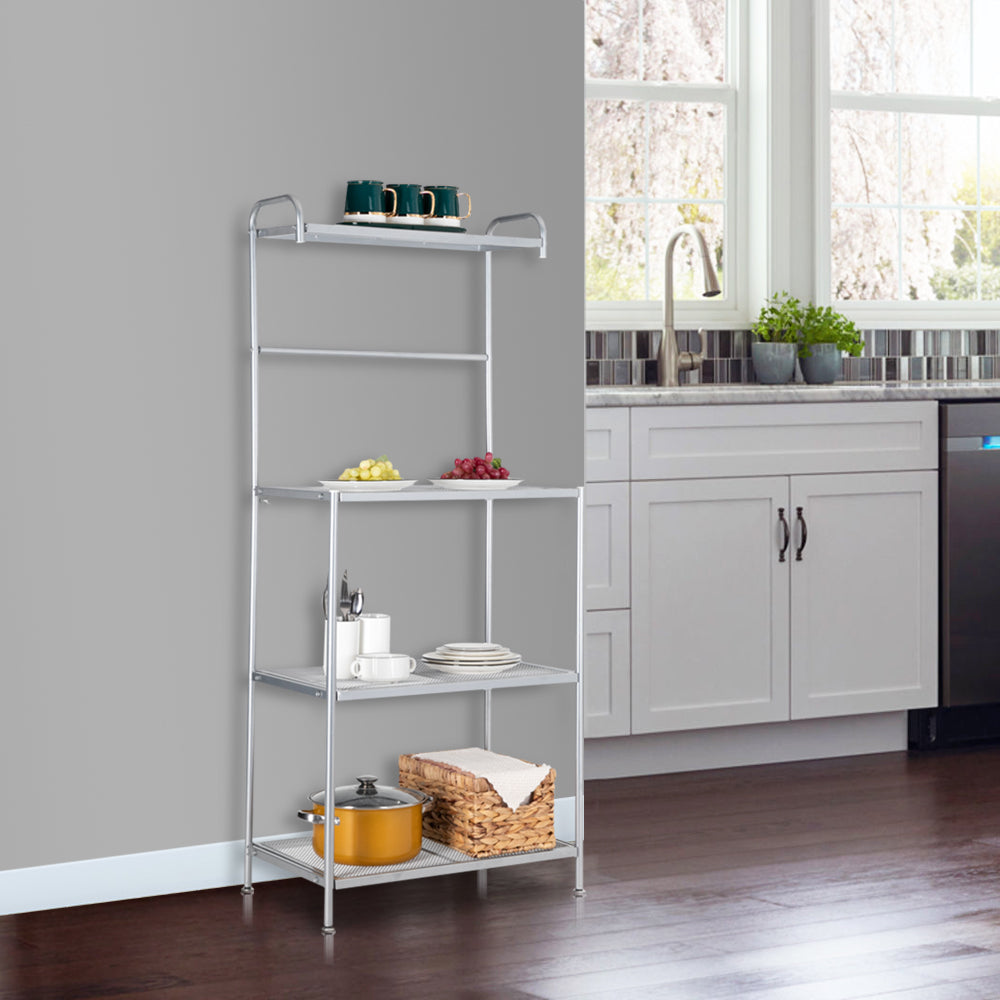 HODELY Silver Grey Four-Layer Wrought Iron Kitchen Shelf With Mesh Surface