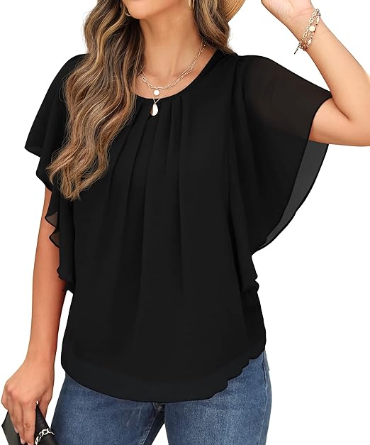 Women Casual Loose Round Neck Chiffon Flowy Tops