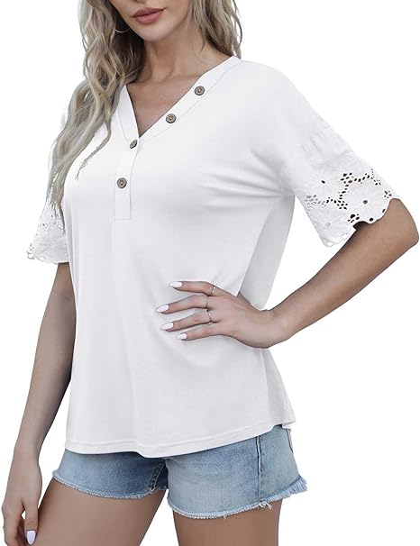 Women Summer Casual Lace V-Neck Loose Shirts Short Sleeve Buttons Top