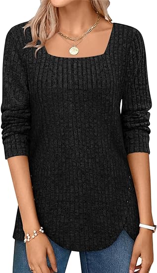 Women Fall Sweaters Lightweight Long Sleeve Square Neck Tops