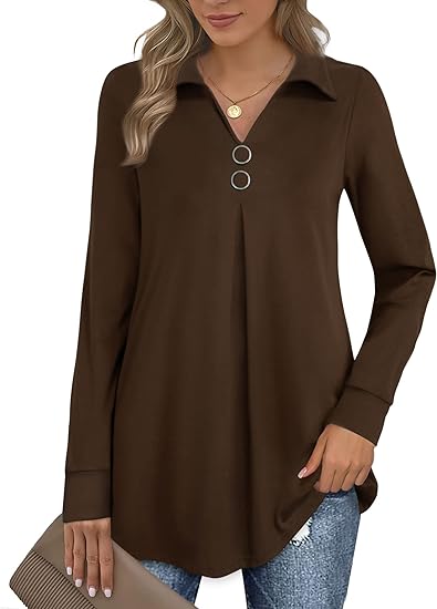 Womens V Neck Long Sleeve Lapel Pullover Tunic Casual Blouse Tops