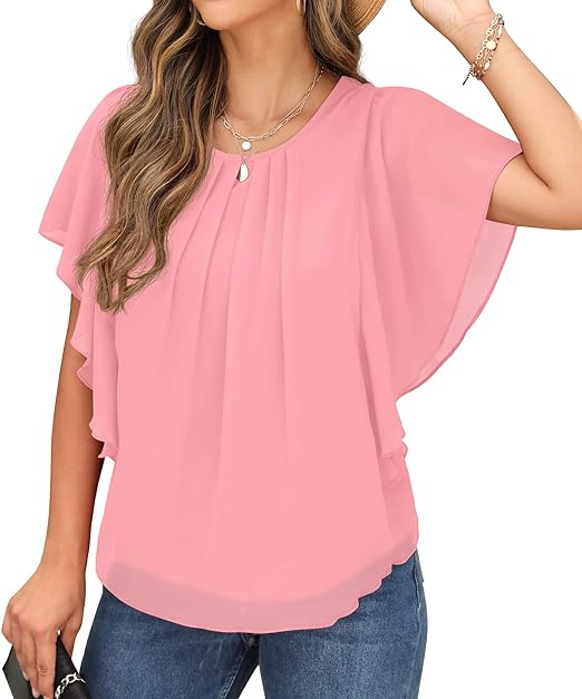 Women Casual Loose Round Neck Chiffon Flowy Tops