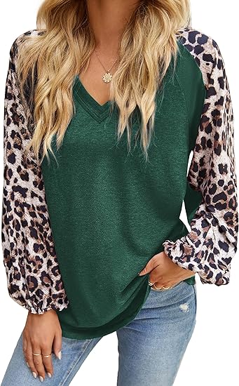 Womens Casual Loose Blouse V Neck Long Balloon Sleeve Bohemian Shirts