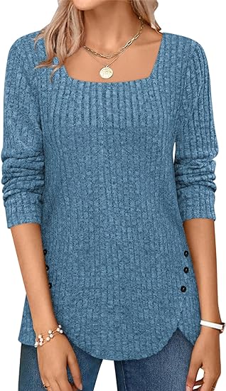 Women Fall Sweaters Lightweight Long Sleeve Square Neck Tops