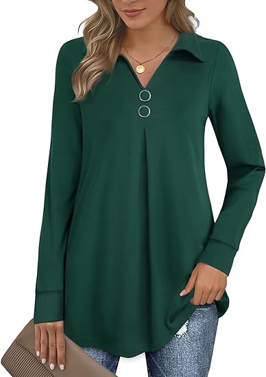 Womens V Neck Long Sleeve Lapel Pullover Tunic Casual Blouse Tops