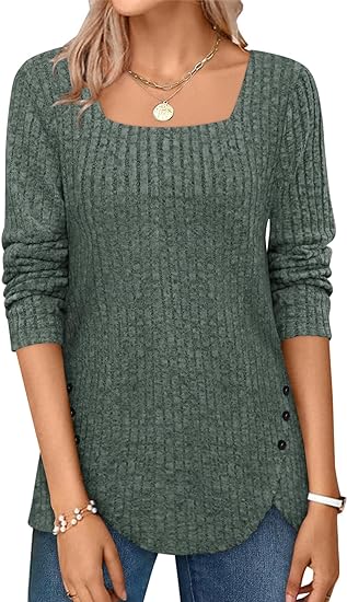 Women Fall Sweaters Lightweight Long Sleeve Square Neck Tops