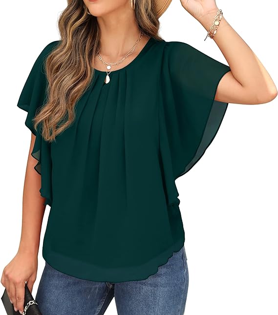 Women Casual Loose Round Neck Chiffon Flowy Tops