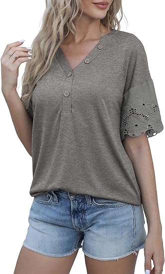 Women Summer Casual Lace V-Neck Loose Shirts Short Sleeve Buttons Top