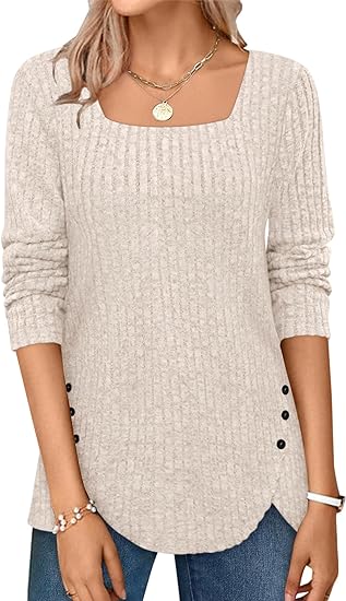 Women Fall Sweaters Lightweight Long Sleeve Square Neck Tops