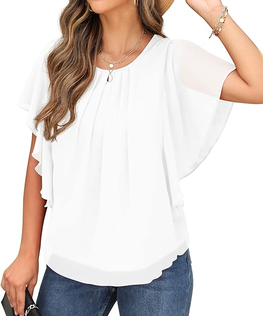 Women Casual Loose Round Neck Chiffon Flowy Tops
