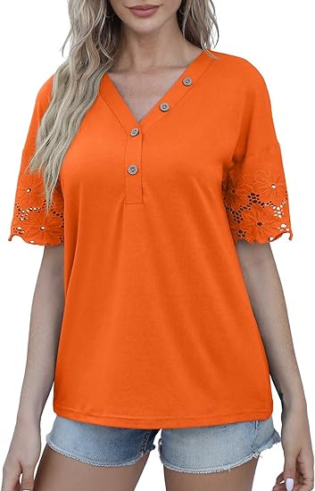 Women Summer Casual Lace V-Neck Loose Shirts Short Sleeve Buttons Top