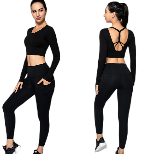 Women Two Piece Yoga Active Wear Long Sleeve Crop Top Fitness Set