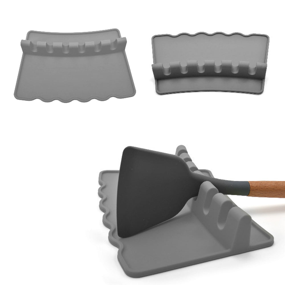 Silicone Multiple Utensil Rest Kitchen Spoon Holder with Drip Pad for Spoons Ladles Tongs Gray