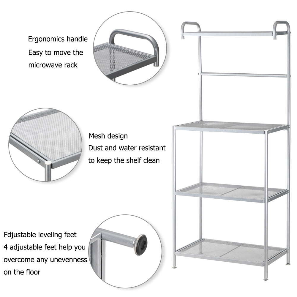HODELY Silver Grey Four-Layer Wrought Iron Kitchen Shelf With Mesh Surface