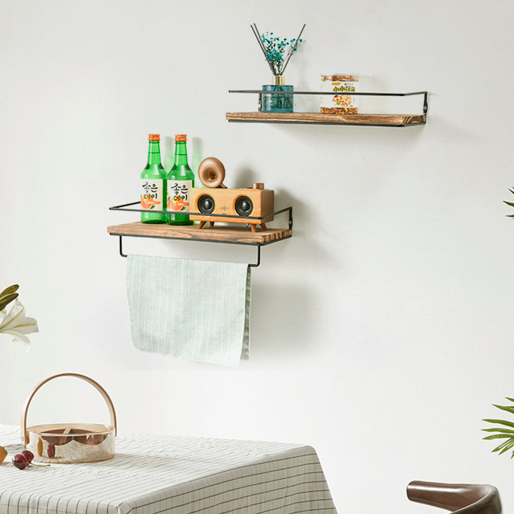 Floating Shelves Wall Mounted Shelf with Rails & Towel Rack Set of 2