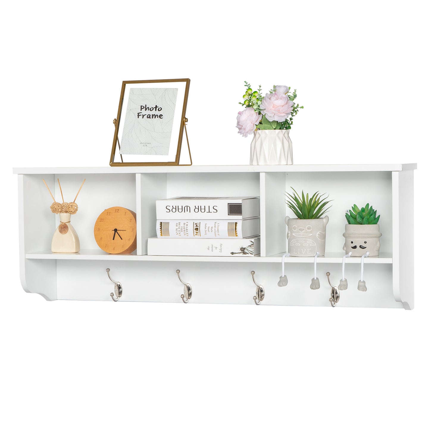 Entry Hall Shelf with 3 Cubby and 4 Hook Coat Rack White