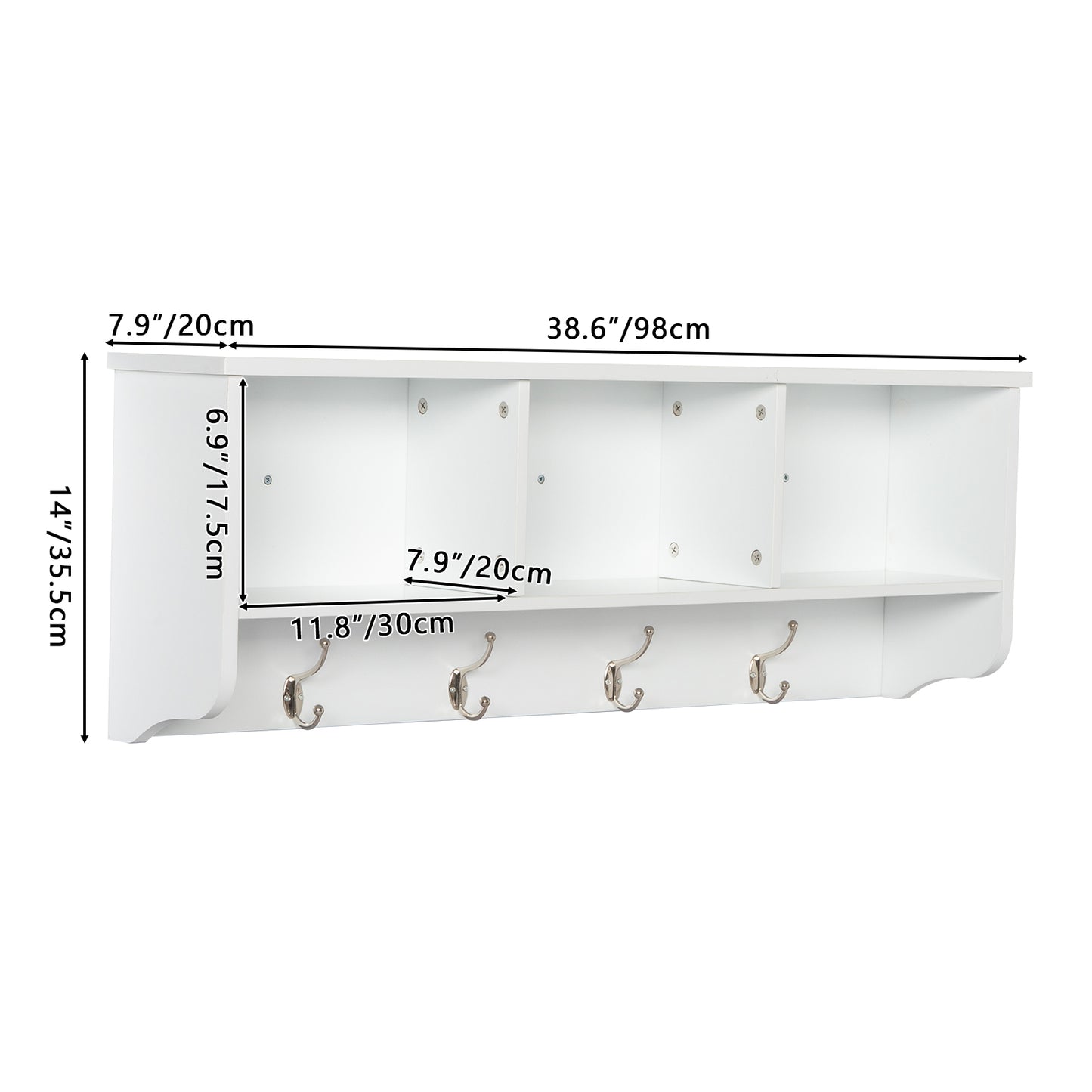 Entry Hall Shelf with 3 Cubby and 4 Hook Coat Rack White