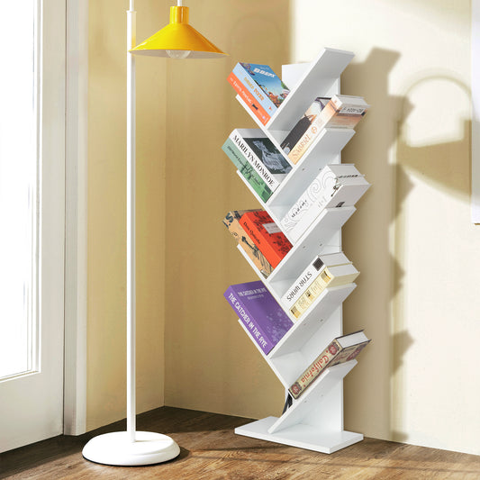 9-Shelf Bookcase Rack, Free Standing Book Storage Organizer,Wooden Tree Bookshelf,Storage for Books, Movies, Video Games, and CDs,White Color