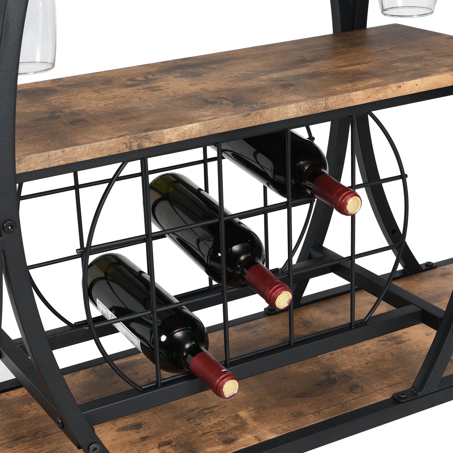 Industrial Black Bar Cart with Wine Rack and Glass Holder
