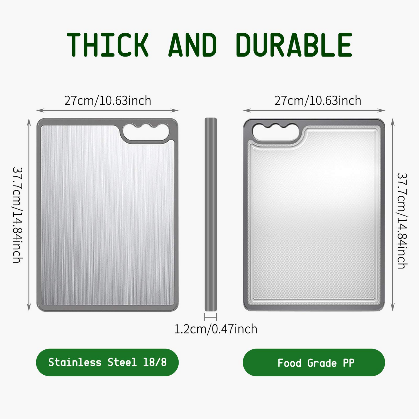 Plastic Cutting Board for Kitchen Reversible Stainless Steel for Meat Juice Groove Chopping with Easy-Grip Handles Dishwasher Safe, Large 14.8×10.63''