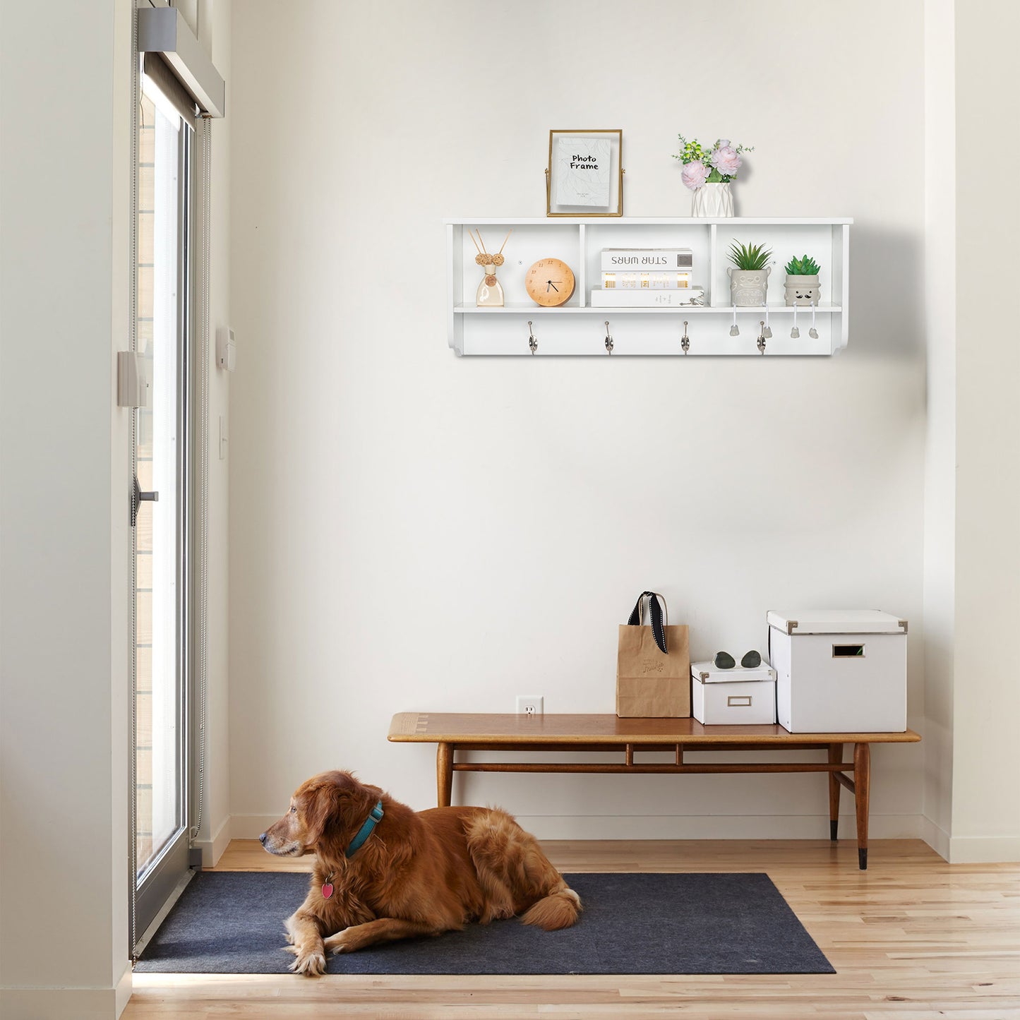 Entry Hall Shelf with 3 Cubby and 4 Hook Coat Rack White