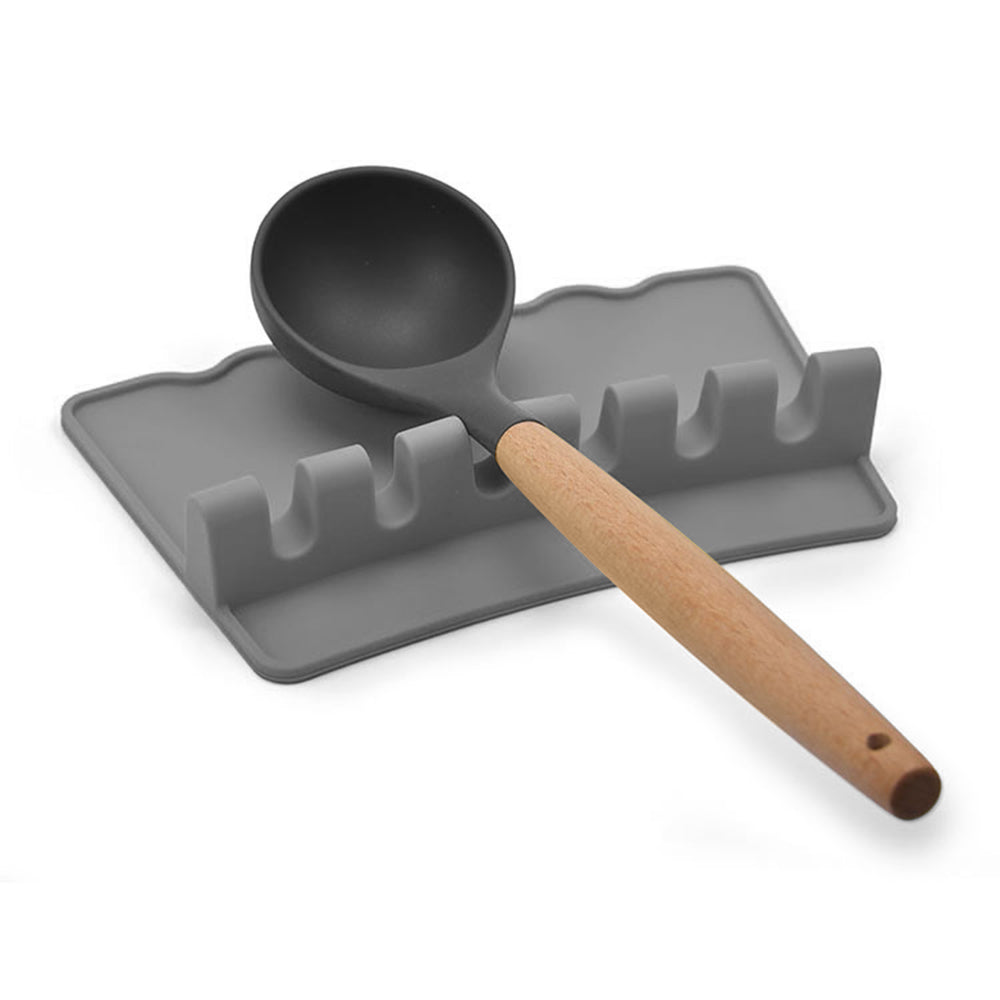 Silicone Multiple Utensil Rest Kitchen Spoon Holder with Drip Pad for Spoons Ladles Tongs Gray