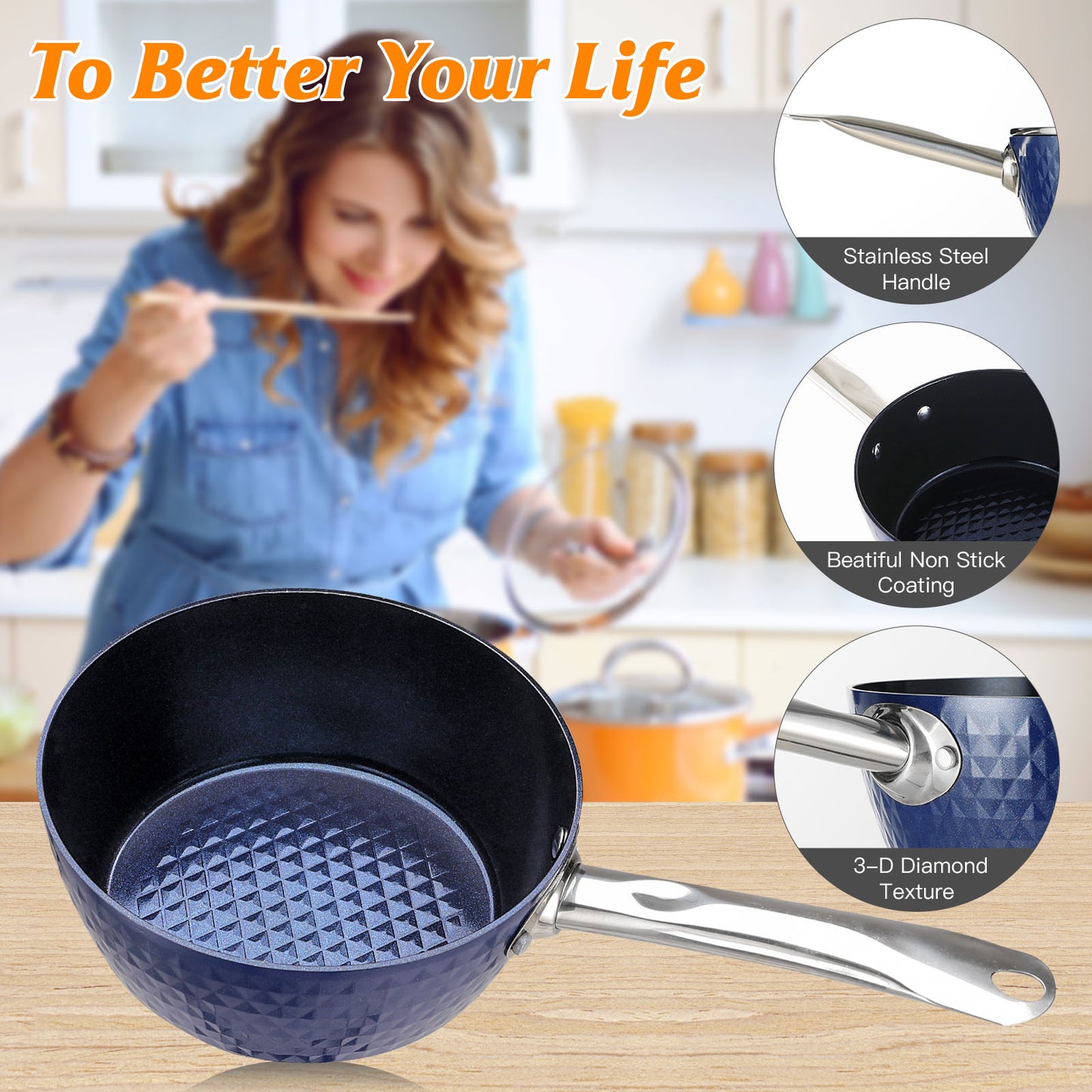 Induction Saucepan with Lid, 18cm/ 1.5L Milk Pan Non Stick Saucepan, Aluminum Ceramic Coating Cooking Pot - PFOA Free with Stainless Steel Handle, Suitable for All Hobs Types