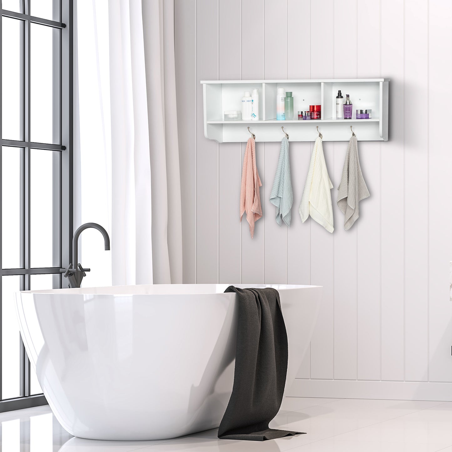 Entry Hall Shelf with 3 Cubby and 4 Hook Coat Rack White
