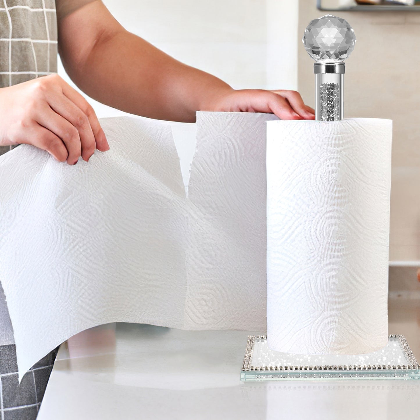 Diamond Crystal Filled Kitchen Tissue Roll Holder Crushed Silver Diamante Bling