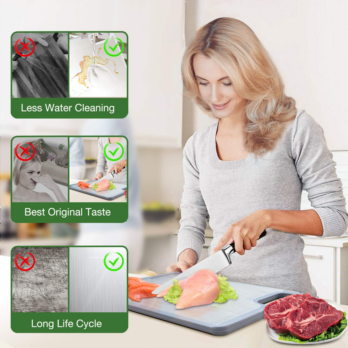 Plastic Cutting Board for Kitchen Reversible Stainless Steel for Meat Juice Groove Chopping with Easy-Grip Handles Dishwasher Safe, Large 14.8×10.63''
