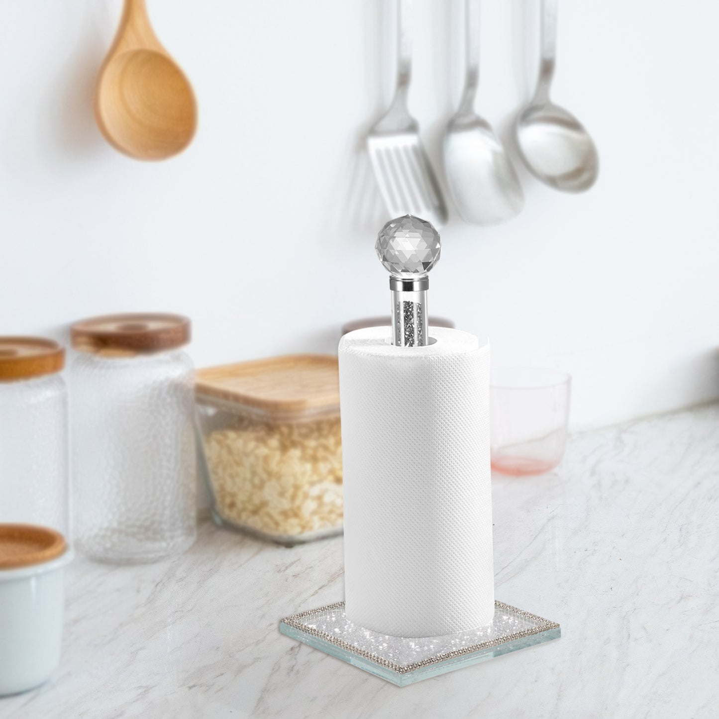 Diamond Crystal Filled Kitchen Tissue Roll Holder Crushed Silver Diamante Bling